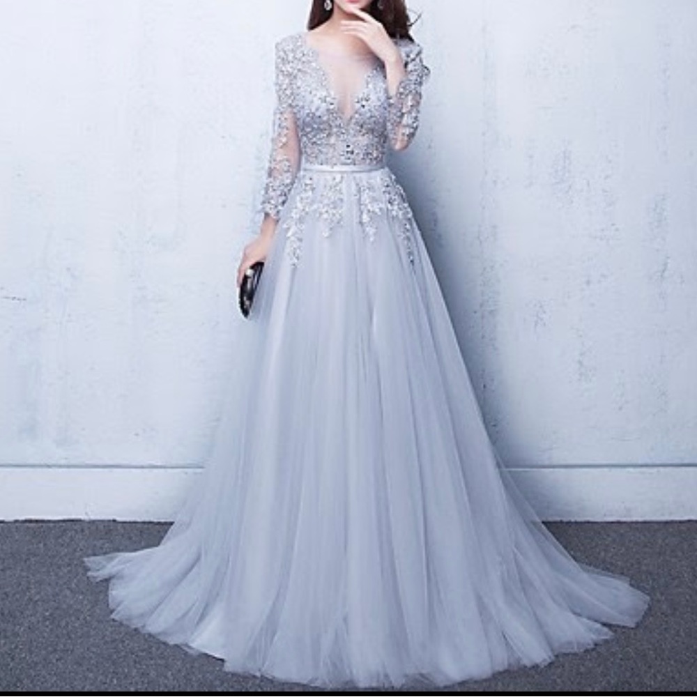 Gray Tulle + Lace Gown